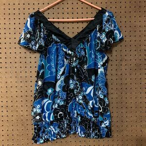 Y2K Tank Top Pink Girl Blue Sheer Floral Blouse V-neck Funky Disco 70s 1X